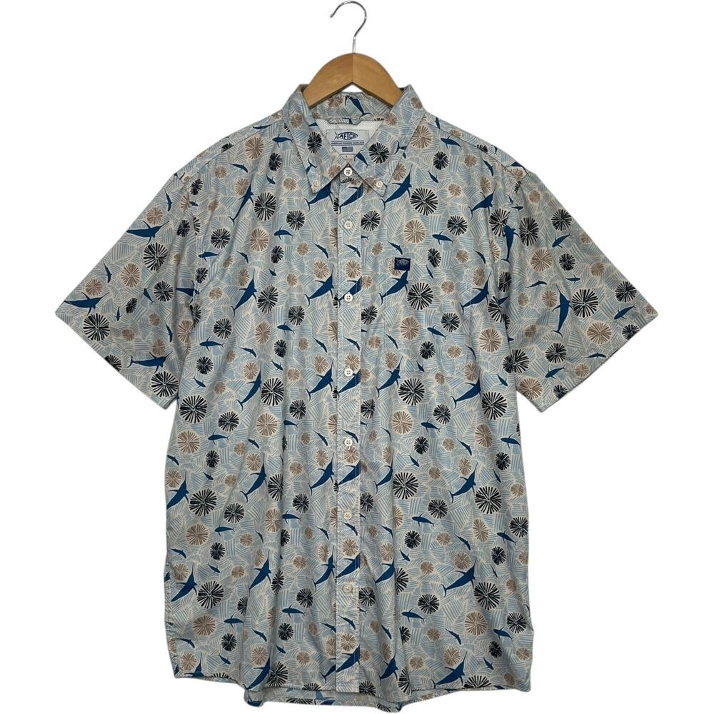 AFTCO Shirt Mens Large Blue Tan Marlin Fish Floral Button Vented Fishing Outdoor
